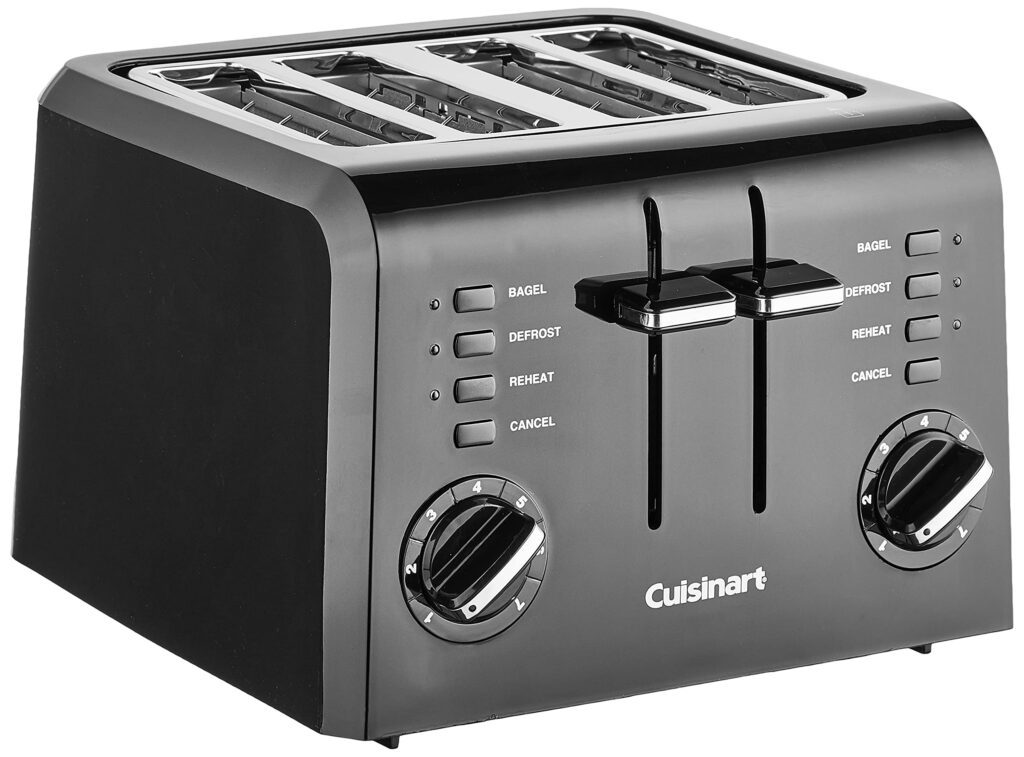 Black four-slice toaster with control buttons.