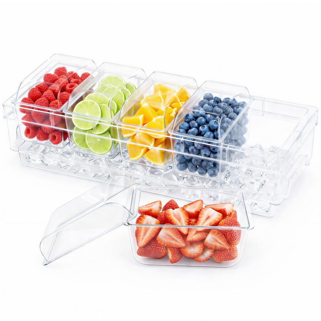 Clear containers with assorted sliced fruits.