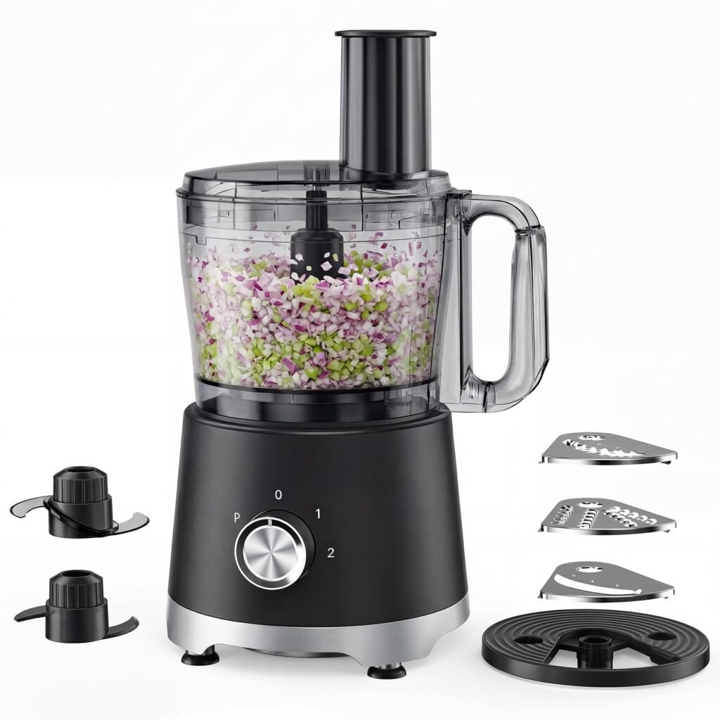 Food processor with attachments and chopped vegetables.