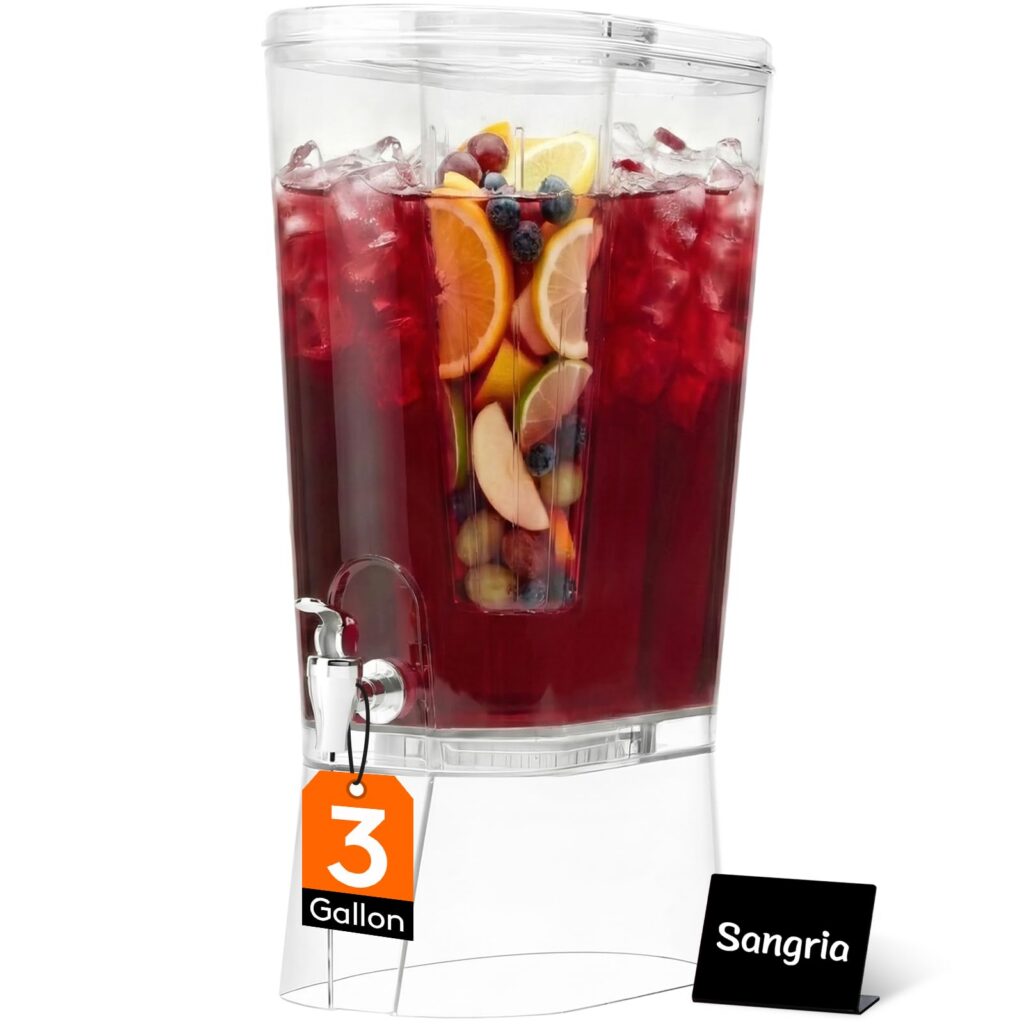 Three-gallon sangria dispenser with fruit slices.