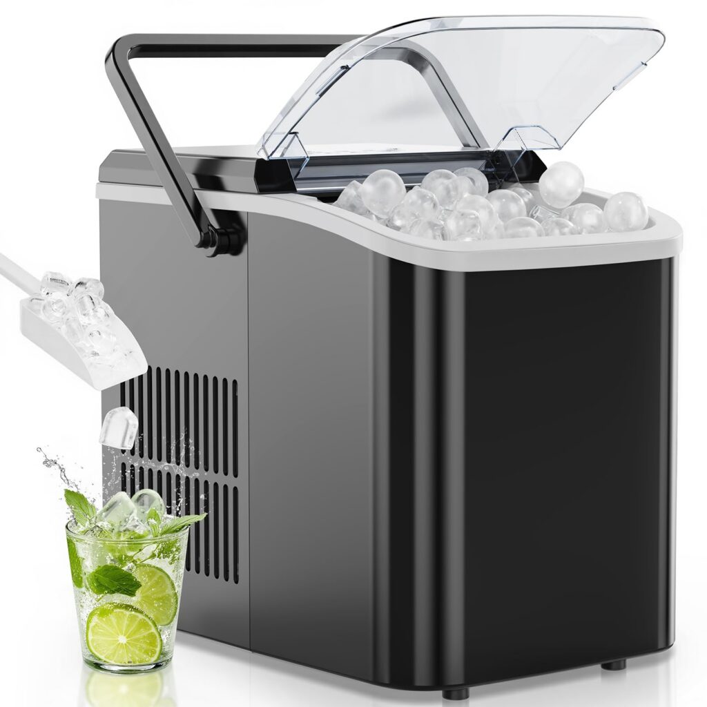 Ice maker with ice scoop and glass.