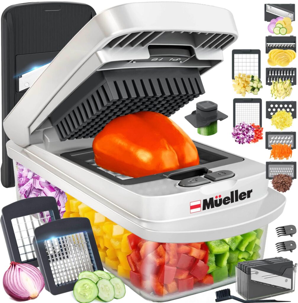 Vegetable chopper with various blade attachments.