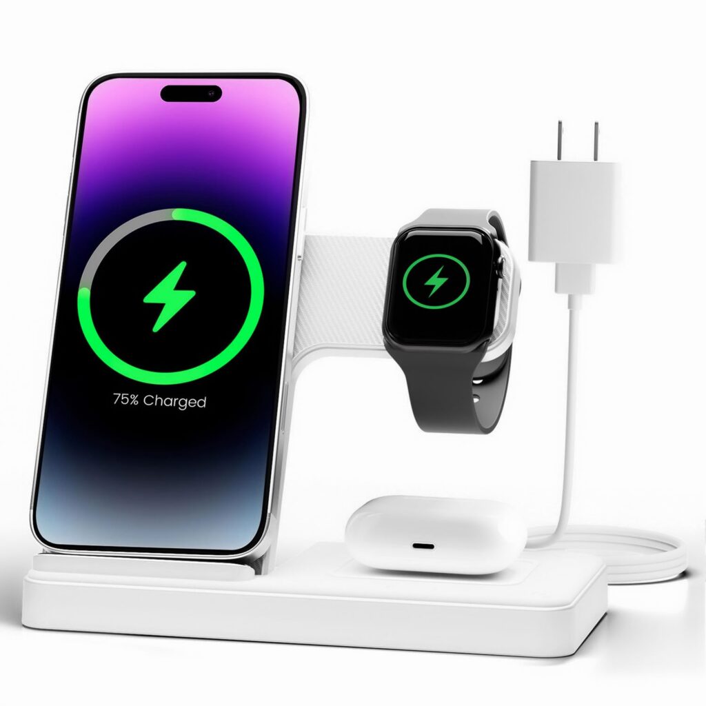 Phone, watch, earbuds charging on white stand.