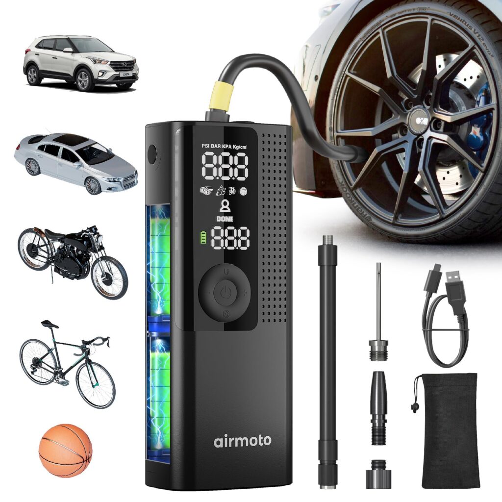 Portable tire inflator with accessories and vehicles.